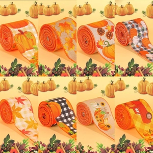 Autumn Decorative Ribbon Polyester Burlap Wired Edge Pumpkin Truck Prints Thanksgiving Harvest Farmhouse Gift Wrapping