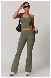 Chic grass green halter top and high-waisted flared yoga set for fitness and leisure