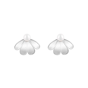French vintage silver flower petal pearl earrings with fan-shaped minimalist design
