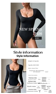 Detailed size chart for black Y2K yoga bodysuit showing fabric blend and high elasticity