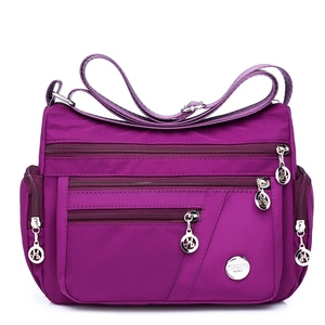 Waterproof purple nylon shoulder bag for women with multi-pocket and adjustable strap