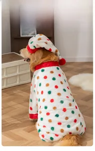 Close-up of warm polka dot velvet pet pajamas with matching nightcap for large dogs