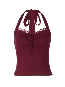 Chic burgundy halter top with lace trim and tie-front detail on a white background