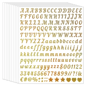 Detailed view of 0.5 inch gold glitter alphabet and number stickers for spice jars