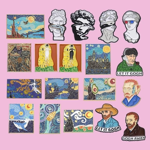 Artistic enamel pins set featuring Van Gogh Starry Night and classical sculptures