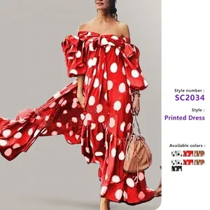 Off-Shoulder Polka Dot Maxikleid Laternenärmel Rüschen Bohemian Elegant Urlaubskleid Für Damen