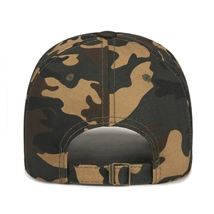 Rear view of camouflage baseball cap with adjustable bronze metal buckle strap