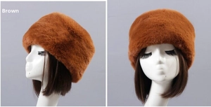 Detailed views of the plush brown faux fur winter hat showcasing thick material and texture