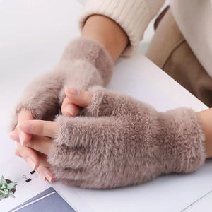 Plush warm fingerless gloves in beige faux cashmere for autumn and winter outdoor use