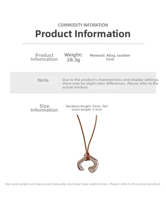 Detailed view of irregular metal pendant necklace with 92cm brown cord and size specs