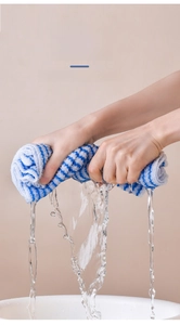 Detail of blue striped towel showing high absorption and easy water squeezing action
