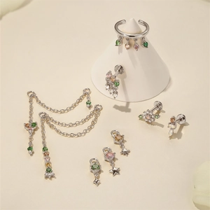 Detail of S925 silver ear cuff and marquise labret studs with colorful gemstones