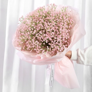 Handheld bouquet of pink artificial babys breath flowers with decorative ribbon wrap