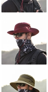 Detail of outdoor sun hat with breathable mesh, chin strap and marble pattern face mask
