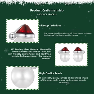 Detailed view of S925 sterling silver snowman earrings with shell pearl and green enamel
