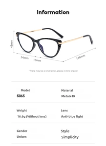 Detailed measurement guide for TR90 cat-eye metal glasses frame with anti-blue light lenses