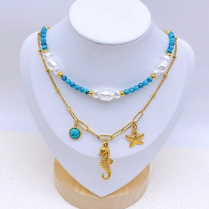 Double Layered Necklace Seahorse Starfish Pendant Titanium Steel Turquoise Artificial Pearl Ocean Style Jewelry For Women