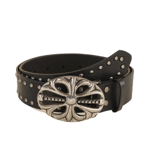 Fashionable black leather punk belt with metal studs and vintage cross buckle on white background