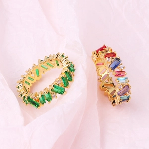 18K gold plated rings with emerald and multicolor rectangular zircon gemstones