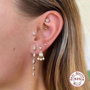 Minimalist S925 sterling silver gold plated earring set with marquise opal and zircon
