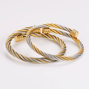 Minimalist cable wire twist bracelet in dual-tone gold and silver stainless steel