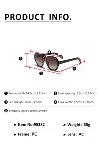 Detailed size chart for retro oversized polygon sunglasses with frame and lens measurements