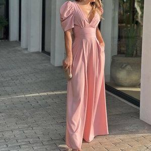 Elegant pink V-neck wide leg jumpsuit with puff sleeves for women's summer fashion