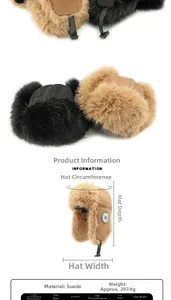 Detailed dimensions and 297g weight specifications for the winter suede trapper hat