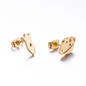 Asymmetric gold stainless steel stud earrings featuring a rocket and planet design