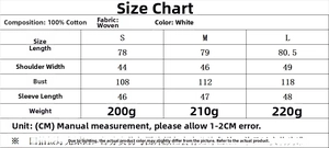 Size chart for women's white cotton kimono set with length, shoulder, and bust details