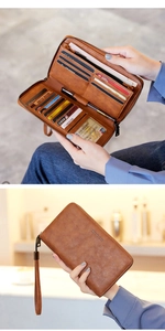 Internal layout of brown long wallet showing RFID card slots and zipper pocket