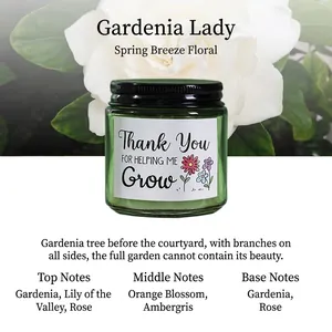 Gardenia geurkaars in groen glas met Thank You tekst en een zwart metalen deksel