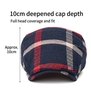Classic British plaid newsboy cap in blue and red tartan with a 10cm deep fit for adults