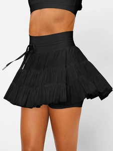 Black layered sports skirt with drawstring waist and built-in safety liner shorts