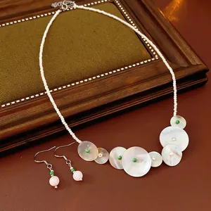 Necklace And Earrings Round Shell Mother Of Artificial Pearl Glass Beads Rose Quartz Sweet Beach Vacation Fashion Jewelry For Women