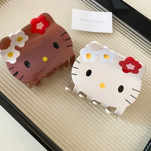 Cute acrylic cartoon cat hair clips with flower accents in white and brown colors