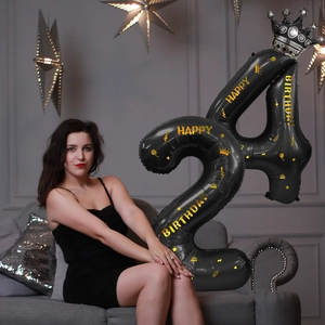 Ballon Chiffre Noir En Aluminium Avec Décoration Couronne Pour Fête Anniversaire