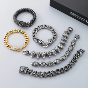 Vintage rock snake head bracelets with rhinestones in gold, silver, and black finish
