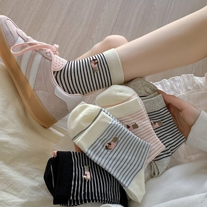 Women Crew Socks Striped Combed Cotton Breathable Casual Dachshund Animal Embroidery Comfortable Soft