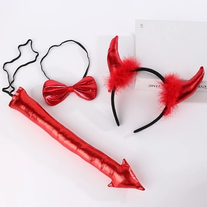 Three-piece red sequin devil costume set with horn headband, bow tie, and tail detail