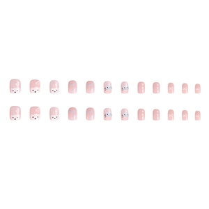 Cute pink 24-piece press-on nails set featuring watercolor bears, cats and bows