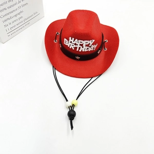 Red festive cowboy hat with silver Happy Birthday glitter text and adjustable cord