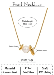 Detailed spec view of a gold pearl necklace with PVD plating and 45cm chain length