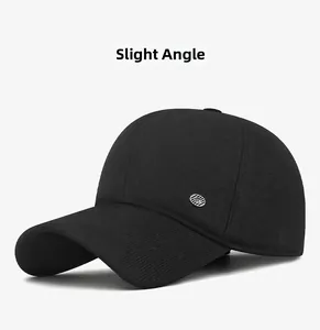 Side view of black baseball cap showing textured fabric and striped decorative metal button