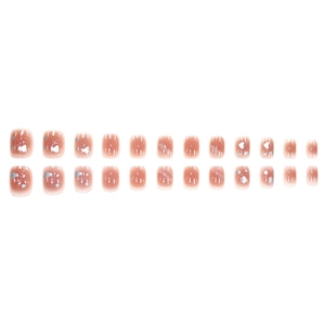 Glittery pink gradient press-on nails with silver foil and heart design, 24pcs set
