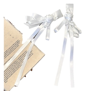 Elegant white satin ribbon hair bows with handmade rose flowers for a sweet Mori girl style