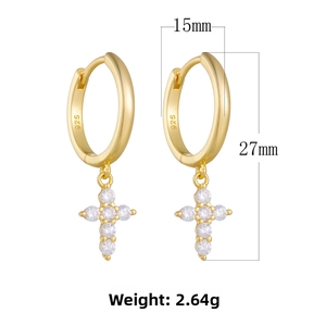Detailed view of S925 sterling silver gold-plated hoop earrings with cross pendants and size info