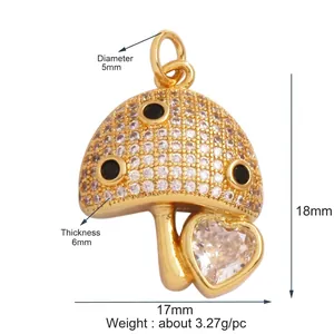 Detail of mushroom charm with white cubic zirconia and heart gemstone drop, 18mm height