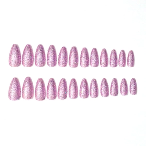 Faux ongles amande longs rose-violet scintillants, ensemble de 24 pièces à paillettes