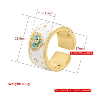 Detailed dimensions of the gold enamel evil eye heart ring with micro-pave crystals